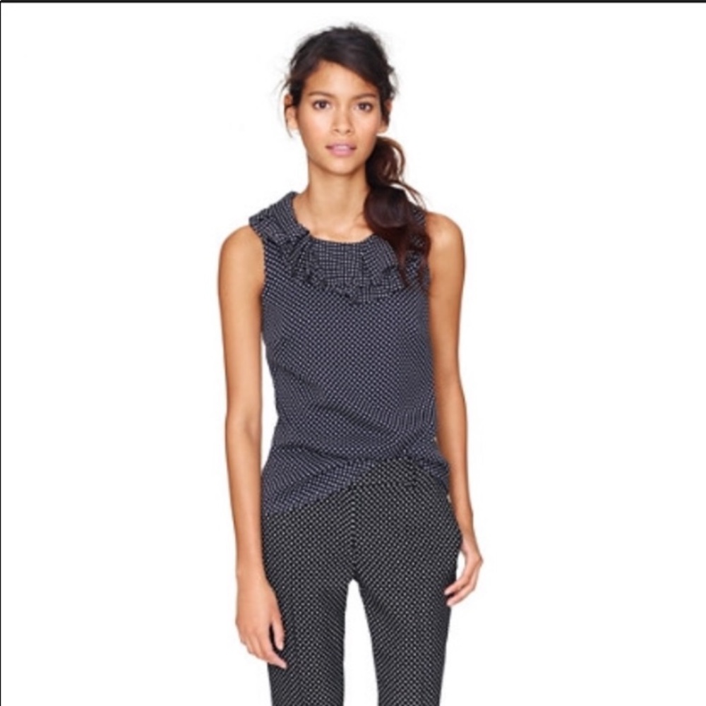 J Crew Navy Gabby Ruffle Neck Silk Top in Polka